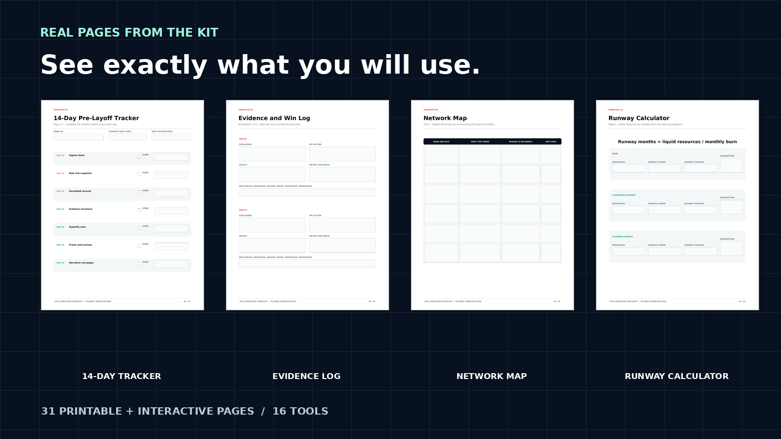 Four real pages from the toolkit: 14-day tracker, evidence log, network map, and runway calculator